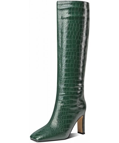 Women's Square Toe High Chunky Heel Long Shaft Boot Matter Leather Fashion Knee High Boots For Ladis Size 5-12 US Green Croco...