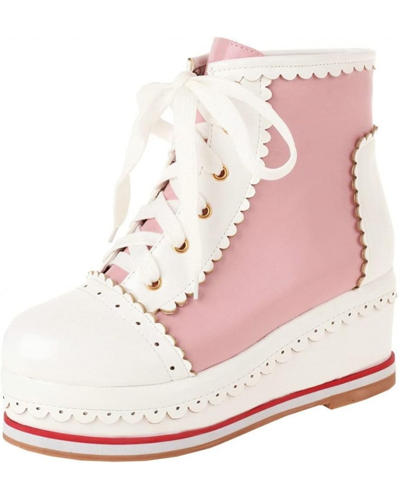 Women Sweet Lolita Boots Cosplay Lace Up Wedge Platform Ankle Booties Wingtip Brogue Shoes Pink $27.49 Boots