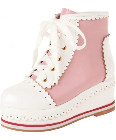 Women Sweet Lolita Boots Cosplay Lace Up Wedge Platform Ankle Booties Wingtip Brogue Shoes Pink $27.49 Boots