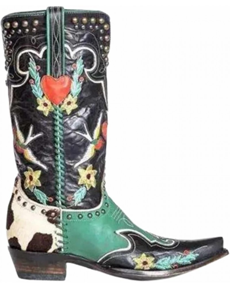 Women's Western Cowboy Boots, Vintage Embroidered Chunky Heel Pointed Toe Cowgirl Boots, Winter Pull-on Knee High Mid Calf Bo...