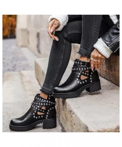 Women Shoes Fashion Rivets Slope Heel Mid Heel Zipper Buckle Leather Low Boots Comfortable Casual Summer Hollow Thick Heel Sa...