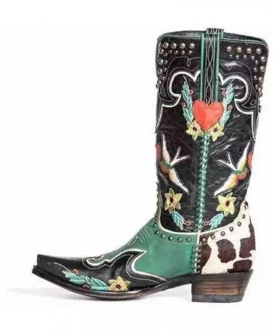 Women's Western Cowboy Boots, Vintage Embroidered Chunky Heel Pointed Toe Cowgirl Boots, Winter Pull-on Knee High Mid Calf Bo...