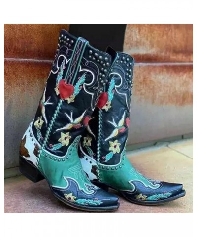 Women's Western Cowboy Boots, Vintage Embroidered Chunky Heel Pointed Toe Cowgirl Boots, Winter Pull-on Knee High Mid Calf Bo...