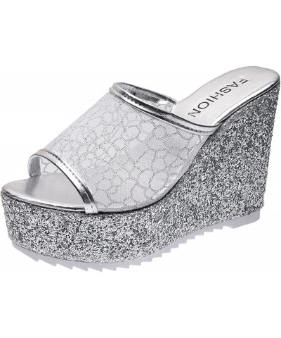 Summer On Wedge Ladies Platform Slippers Casual Slip Toe Shoes Womens Peep Women's slipper Silver $15.90 Slippers