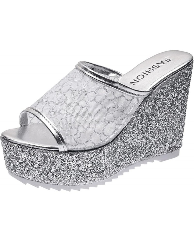 Summer On Wedge Ladies Platform Slippers Casual Slip Toe Shoes Womens Peep Women's slipper Silver $15.90 Slippers