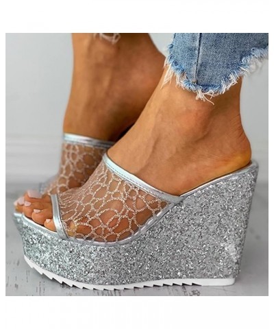 Summer On Wedge Ladies Platform Slippers Casual Slip Toe Shoes Womens Peep Women's slipper Silver $15.90 Slippers