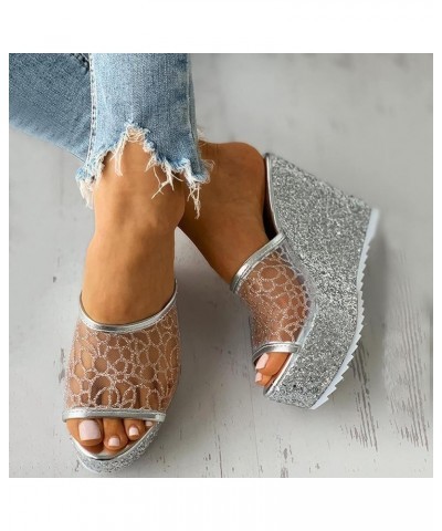 Summer On Wedge Ladies Platform Slippers Casual Slip Toe Shoes Womens Peep Women's slipper Silver $15.90 Slippers