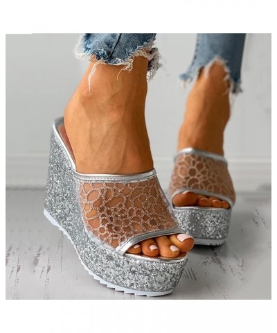 Summer On Wedge Ladies Platform Slippers Casual Slip Toe Shoes Womens Peep Women's slipper Silver $15.90 Slippers