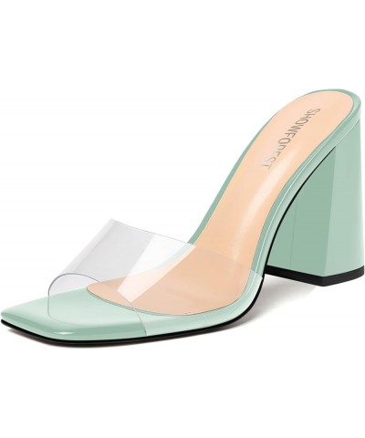 Womens Sexy Outdoor Solid Clear Square Toe Slip On Patent Chunky High Heel Sandals 4 Inch Turquoise $37.14 Sandals