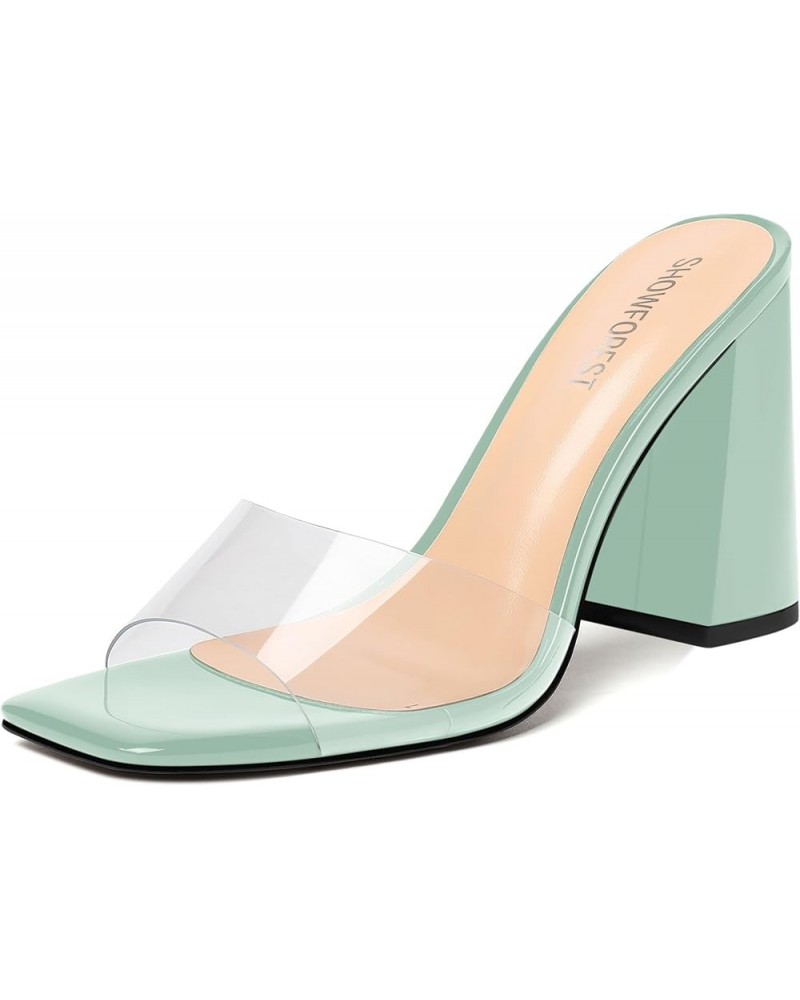 Womens Sexy Outdoor Solid Clear Square Toe Slip On Patent Chunky High Heel Sandals 4 Inch Turquoise $37.14 Sandals