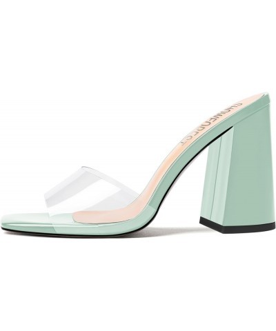 Womens Sexy Outdoor Solid Clear Square Toe Slip On Patent Chunky High Heel Sandals 4 Inch Turquoise $37.14 Sandals