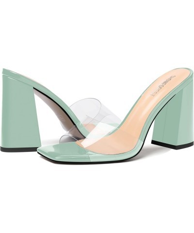 Womens Sexy Outdoor Solid Clear Square Toe Slip On Patent Chunky High Heel Sandals 4 Inch Turquoise $37.14 Sandals