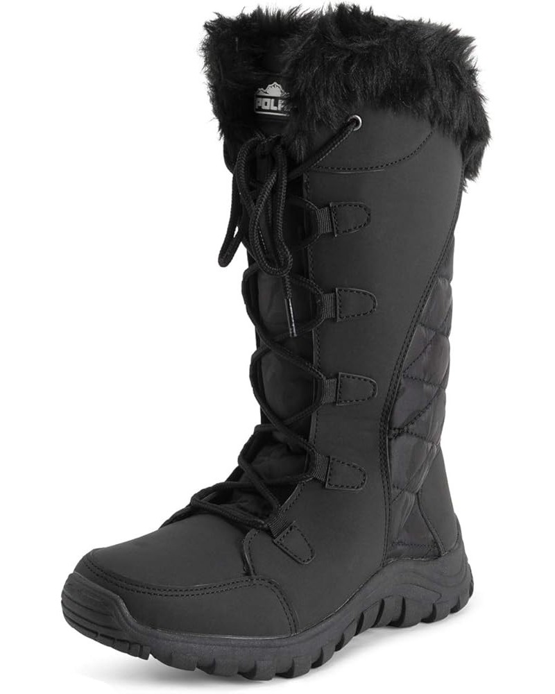 Womens Quilted Faux Fur Cuff Winter Duck Rubber Sole Durable Snow Rain Outdoor Boots Black Leather Tall $24.00 Outdoor Shoes