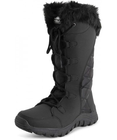 Womens Quilted Faux Fur Cuff Winter Duck Rubber Sole Durable Snow Rain Outdoor Boots Black Leather Tall $24.00 Outdoor Shoes