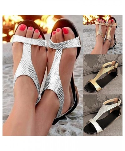 LONG-M Women Sandals Flat Snake Footprint Sandals Casual Summer Sandals Shoes Women Peep Toe Casual Hasp Flat Sandals 36 Silv...