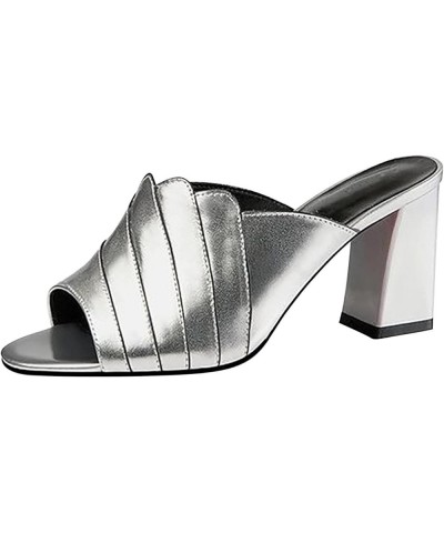 Women's Block-Heeled Mule Sandals Vintage Open Toe Slip on Heeled Sandals Breathable Dressy Sandals Silver 6.5 $29.20 Sandals