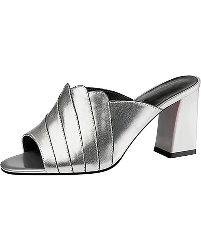 Women's Block-Heeled Mule Sandals Vintage Open Toe Slip on Heeled Sandals Breathable Dressy Sandals Silver 6.5 $29.20 Sandals