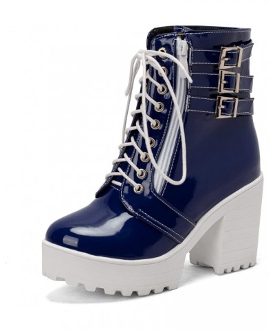 Women Round Toe Fashion Lace Up Platform Biker Boots Patent Blue $34.54 Boots