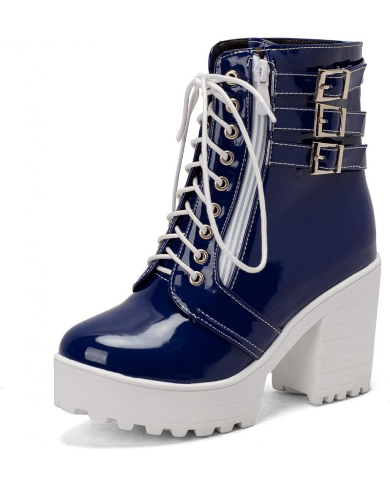 Women Round Toe Fashion Lace Up Platform Biker Boots Patent Blue $34.54 Boots