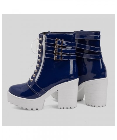 Women Round Toe Fashion Lace Up Platform Biker Boots Patent Blue $34.54 Boots