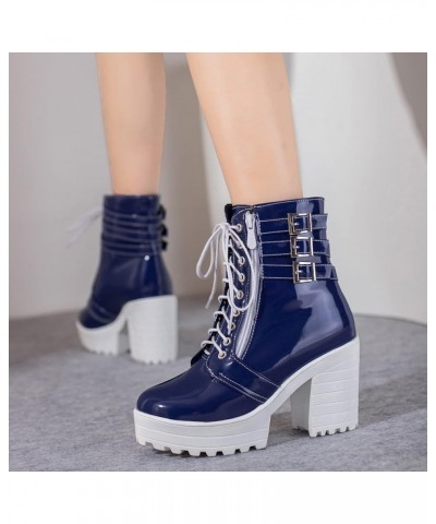 Women Round Toe Fashion Lace Up Platform Biker Boots Patent Blue $34.54 Boots