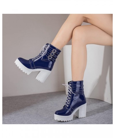 Women Round Toe Fashion Lace Up Platform Biker Boots Patent Blue $34.54 Boots