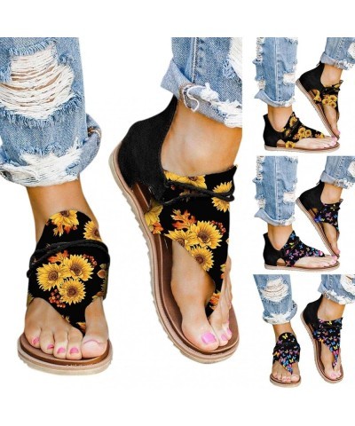 Summer Sandals for Women Casual Clip Toe Flat Sandals Floral Printed Back Zipper Sandals Boho Summer Beach Flip Flops Slipper...