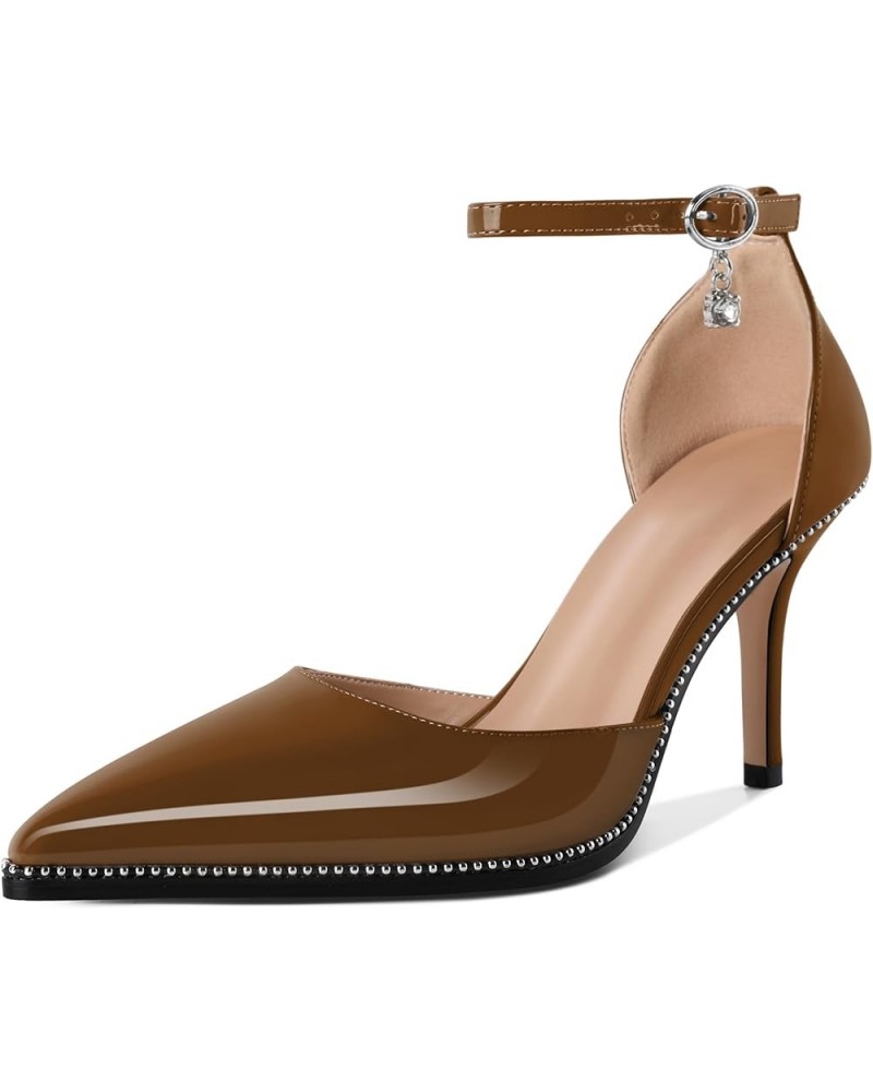 Womens High Heels Beaded Pumps Stiletto Ankle Strap Pointed Toe D'Orsay Heel Dress Shoes Patent Leather 3.5 Inch Brown $26.23...