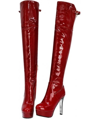 Women Platform Thigh High Boots Patent Leather Over The Knee Chunky Heel Boots Burgundy $29.69 Boots