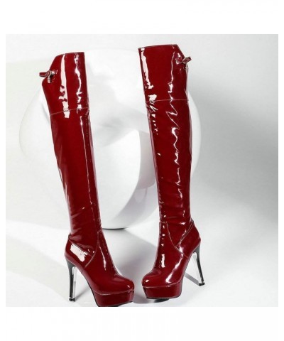 Women Platform Thigh High Boots Patent Leather Over The Knee Chunky Heel Boots Burgundy $29.69 Boots