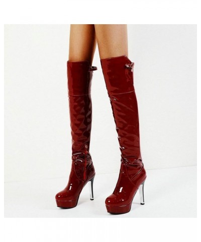 Women Platform Thigh High Boots Patent Leather Over The Knee Chunky Heel Boots Burgundy $29.69 Boots