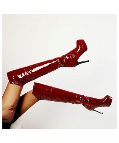 Women Platform Thigh High Boots Patent Leather Over The Knee Chunky Heel Boots Burgundy $29.69 Boots