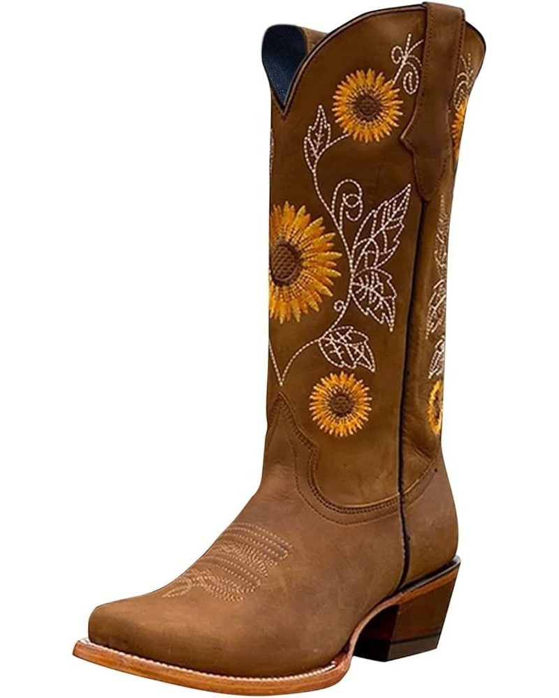 Cowboy Boots for Women,Women Vintage Cowgirl Mid Calf Boots Ladies Sunflower Embroidery Wide Western Motorcycle Riding Boot W...