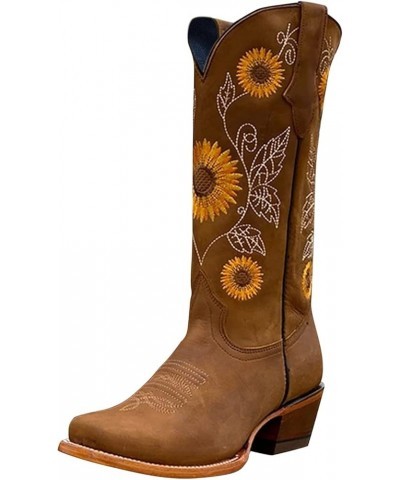 Cowboy Boots for Women,Women Vintage Cowgirl Mid Calf Boots Ladies Sunflower Embroidery Wide Western Motorcycle Riding Boot W...