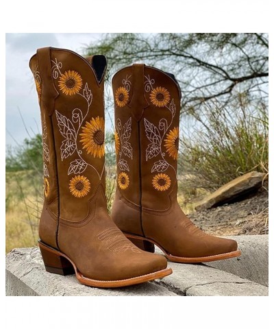 Cowboy Boots for Women,Women Vintage Cowgirl Mid Calf Boots Ladies Sunflower Embroidery Wide Western Motorcycle Riding Boot W...