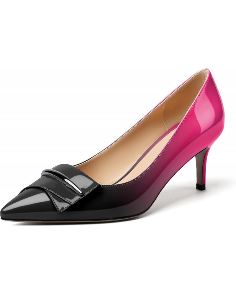 Womens Kitten Heels Pumps Point Toe Slip On Mid Heel Dressy Wedding Shoes with Bukle Black-hotpink $17.99 Pumps