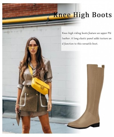 Women's Knee High Boots Low Heel Riding Boots Block Flat Calf Boot Shoes Khaki $17.22 Boots