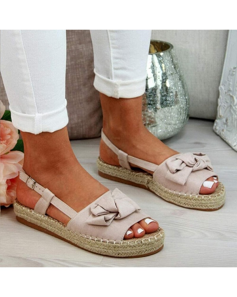 Womens Hessian Flats Sandals Summer Open Toe Bowknot Platform Sandals Espadrilles Buckle Shoes Ankle Strap Heeled Vintage Bea...