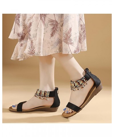 2023 Summer Women's Bohemian Style Beaded Comfortable Round Toe Seaside Vacation Large Shoes for Women Sandals Black $29.86 S...