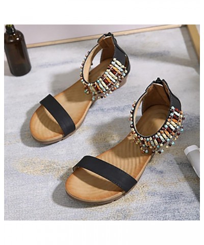 2023 Summer Women's Bohemian Style Beaded Comfortable Round Toe Seaside Vacation Large Shoes for Women Sandals Black $29.86 S...