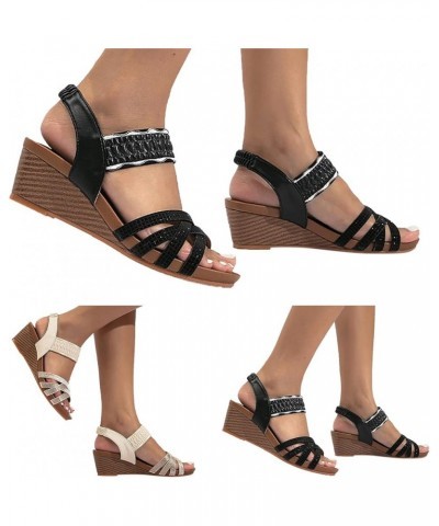 Fashion Summer Women Sandals Thick Soled Wedge Heel Elastic Belt Slip On Open Toe Comfortable Women Fashion Black $19.12 Sandals