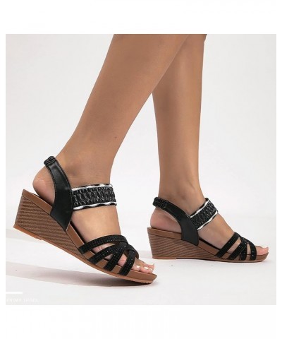 Fashion Summer Women Sandals Thick Soled Wedge Heel Elastic Belt Slip On Open Toe Comfortable Women Fashion Black $19.12 Sandals