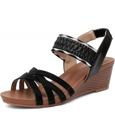 Fashion Summer Women Sandals Thick Soled Wedge Heel Elastic Belt Slip On Open Toe Comfortable Women Fashion Black $19.12 Sandals