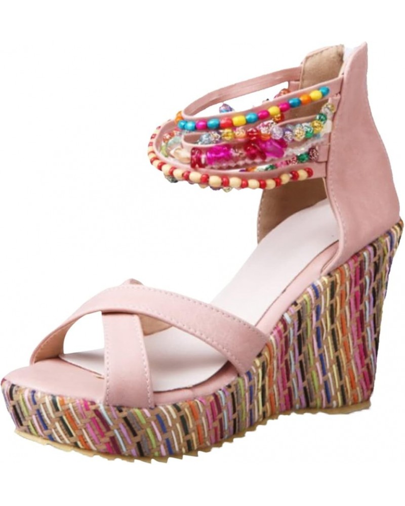 Summer Women Platform Sandals New Model Bohemian Style Beaded Women Wedges Shoes Women Heel Sandals Size 7 (Pink, 7.50) 7 Pin...