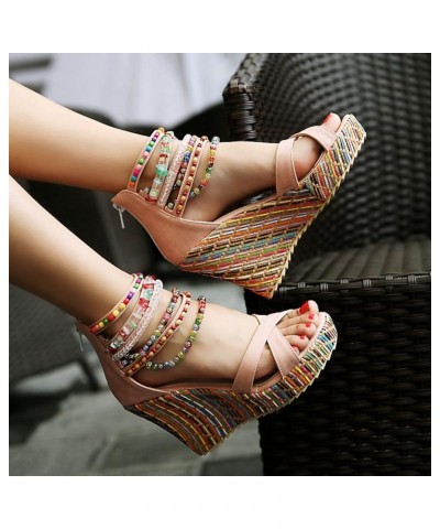 Summer Women Platform Sandals New Model Bohemian Style Beaded Women Wedges Shoes Women Heel Sandals Size 7 (Pink, 7.50) 7 Pin...