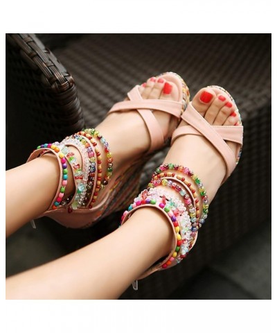 Summer Women Platform Sandals New Model Bohemian Style Beaded Women Wedges Shoes Women Heel Sandals Size 7 (Pink, 7.50) 7 Pin...