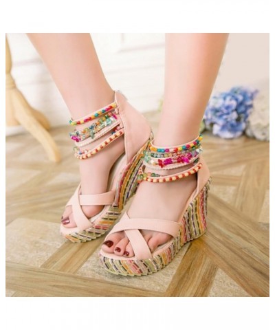 Summer Women Platform Sandals New Model Bohemian Style Beaded Women Wedges Shoes Women Heel Sandals Size 7 (Pink, 7.50) 7 Pin...