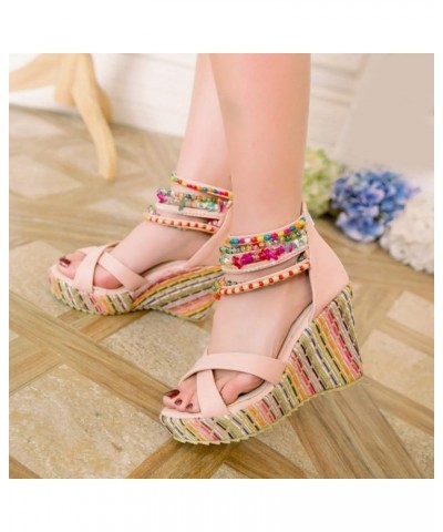 Summer Women Platform Sandals New Model Bohemian Style Beaded Women Wedges Shoes Women Heel Sandals Size 7 (Pink, 7.50) 7 Pin...