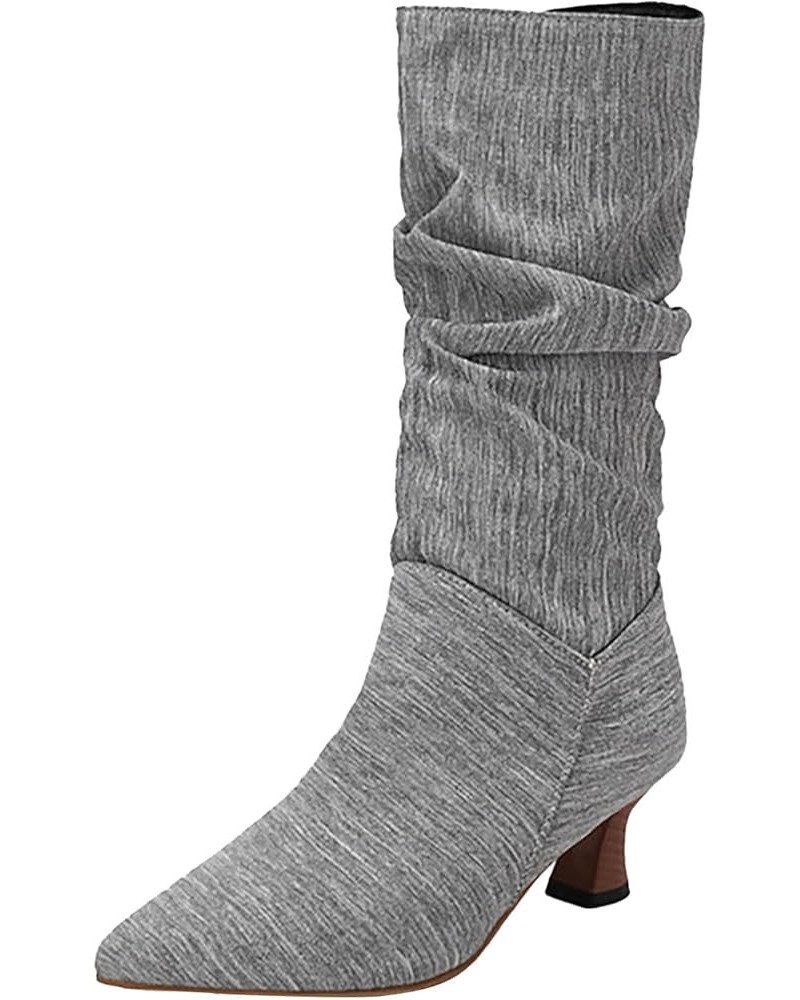 Womens Boots Fall 2023 Pointed Toe Denim Boots Knee High Boots Solid Pleated Western Boots Wedding Party Fall Boots Grey $26....