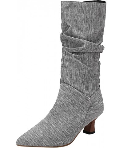 Womens Boots Fall 2023 Pointed Toe Denim Boots Knee High Boots Solid Pleated Western Boots Wedding Party Fall Boots Grey $26....